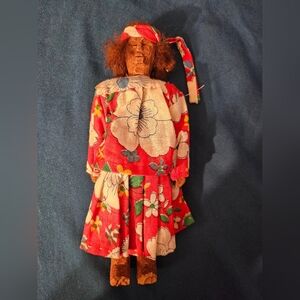 Handcrafted Wooden Doll with Floral Dress Vintage